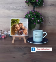 Sevgiliye Hediye Fotoğraflı Dekoratif Taş, Ahşap Altlıklı Türk Kahvesi Fincanı Hediye (Model 4)