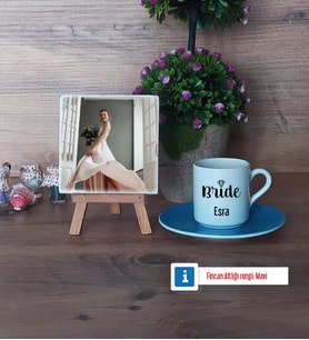 Bride Fotoğraflı Dekoratif Taş, Ahşap Altlıklı Türk Kahvesi Fincanı Hediye (Model 5)