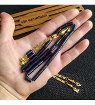 5,5x10 mm Kesme Ateşi Kehribar Tesbih İsme Özel Kişiselleştirilebilir Ahşap Kutulu Tespih (Mavi)