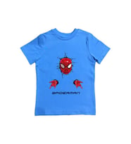 Spiderman baskılı örümcek adam pamuklu penye kumaş yazlık çocuk tişört (Mavi)