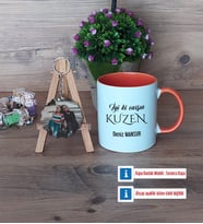 Kuzene Hediye Kupa Bardak Beyaz ve Fotoğraflı Ahşap Anahtarlık Hediye (Model 13)