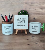 İyi Ki Varsın Dayı Hediye Sepeti Kupa Bardak T Kulplu, Kalemlik ve Dekoratif Taş Dayıya Doğum Günü Hediyesi (Model 8)