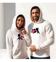 Sevgililer Günü Kombin Erkek Kadın Puzzle Kalp Görselli Kapüşonlu Hoodie Sweatshirt 7012 (Beyaz)