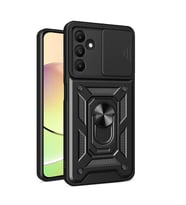 Samsung Galaxy A15 Kılıf Yüzüklü Standli Sürgülü Kamera Korumalı Tank Sert Silikon Kapak (Siyah)