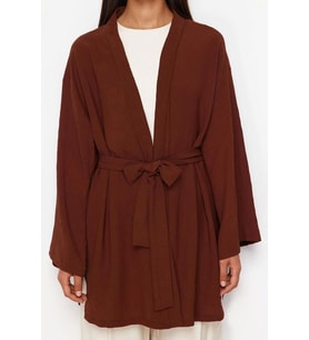 Moda Dokuma Rahat Kalıp Midi V Yaka Düşük Kol Keten görünümlü Kruvaze Tesettür Giyim Kimono Kaftan (Kahverengi)