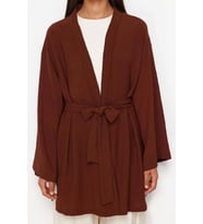 Moda Dokuma Rahat Kalıp Midi V Yaka Düşük Kol Keten görünümlü Kruvaze Tesettür Giyim Kimono Kaftan (Kahverengi)