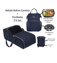 Miniklife Lüx Keten 2'li Bebek Taşıma Seti Ana Kucağı Portbebe Ve Bakım Çantası (Lacivert)