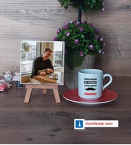 Erkek Öğretmene Hediye Fotoğraflı Dekoratif Taş, Ahşap Altlıklı Türk Kahvesi Fincanı Hediye (Model 8)