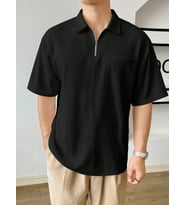 Erkek Oversize Polo Yaka Waffle T-Shirt POLOYAKA-FERMUARLI (Siyah)