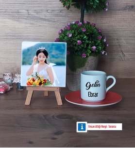 Gelin Fotoğraflı Dekoratif Taş, Ahşap Altlıklı Türk Kahvesi Fincanı Hediye (Model 8)