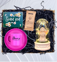 Kişiye Özel Renkli Türk Kahvesi Fincanı(100ml) ve Işıklı Beyaz Melekli Fanus Seti HA4 (Pembe)
