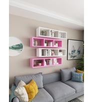 Kitaplık Modern Duvar Rafı Yatay Dikey 4 Lü Takım Mobilya Beyaz Meşe (Beyaz-Pembe)