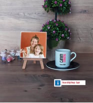 Anneye Hediye Fotoğraflı Dekoratif Taş, Ahşap Altlıklı Türk Kahvesi Fincanı Hediye (Model 7)
