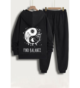 Unisex Yin & Yang Baskılı Eşofman Takımı (Siyah)