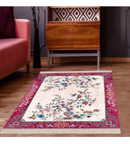 Çiçek Desenli Etnik Dijital Baskı Yıkanabilir Kaymaz Taban Salon Halı ve Yolluk (Bej-Pembe) (Bej - Pembe)