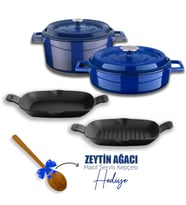 Lava Döküm 5X Trendy Serisi Döküm Demir Tencere Tava Çeyiz Seti (Mavi)