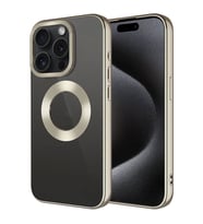 iPhone 15 Pro Max Kılıf Tek Kamera Çerçeveli Logo Gösteren Omega Kılıf (Titanyum Parlak)