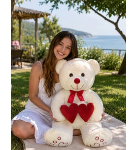 90 cm Çift Kalpli Pelüş Ayıcık Bobo (Krem)