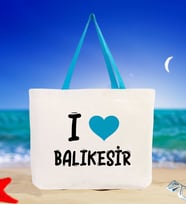 BK Gift I Love Balıkesir Renkli Kulp Kanvas Plaj Çantası 48x40m, Baskılı Omuz Çantası, Alışveriş Çantası (Turkuaz)