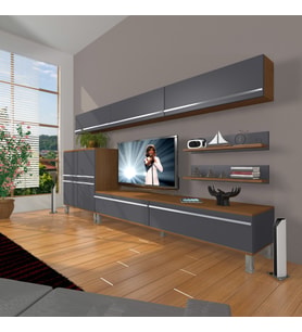 Decoraktiv Eko 8 Mdf Std Krom Ayaklı Tv Ünitesi Tv Sehpası (Antrasit - Ceviz)