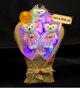 Size Özel İsimli Büyük Boy Ayıcık Buketi - Renkli Led Işıklı (Pembe)
