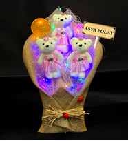 Size Özel İsimli Büyük Boy Ayıcık Buketi - Renkli Led Işıklı (Pembe)