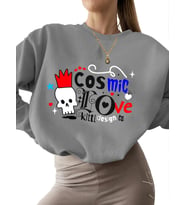 3 iplik şardonlu Sweatshirt erkek Kozmik aşk Baskılı unisex kadın kalın bisiklet yaka Bej Sweatshirt (Gri)