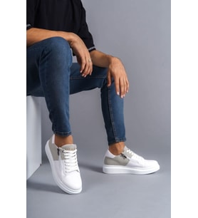 Warrior Bağcıklı ve Fermuarlı Cilt Erkek Günlük Sneaker Ayakkabı BT Siyah (Beyaz-Gri)