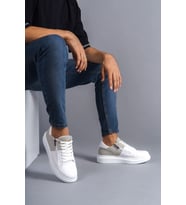 Warrior Bağcıklı ve Fermuarlı Cilt Erkek Günlük Sneaker Ayakkabı BT Siyah (Beyaz-Gri)