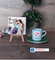 Anneler Günü Hediyesi Fotoğraflı Dekoratif Taş, Ahşap Altlıklı Türk Kahvesi Fincanı Hediye (Model 9)