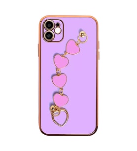 Ally iPhone 12 6.1inç Kılıf Kalp Bileklik Tutuculu Lüx Silikon Askılı Kılıf (Mor)