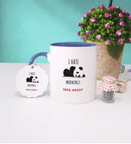 Sevimli Panda Kupa Bardak ve Anahtarlık İsme Özel Hediye (Lacivert)