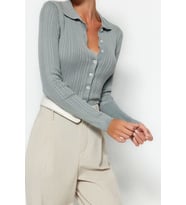 Kadın Modern Tarz Slim Polo Yaka Regular Triko Hırka (Gri)