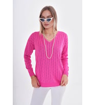 Kadın V Yaka Simli Kazak 12799 BGL-ST04107 (Fuşya)