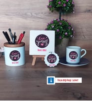Love Yourself Hediye Seti Dekoratif Taş, Kalemlik, Ahşap Altlıklı Türk Kahvesi Fincanı, Ahşap Anahtarlık Hediye (Model 4)