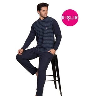 Erkek 3 Düğme Uzun Kol Göğüs Cepli Selanik Kumaş Kışlık Cepli Pijama Takımı  (Lacivert)