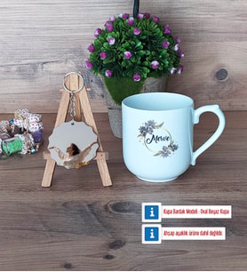 İsme Özel Doğum Günü Hediyesi Kupa Bardak Beyaz ve Fotoğraflı Ahşap Anahtarlık Hediye (Model 5)