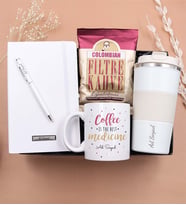 Kişiye Özel 500 ML Çelik Termos & Defter & Beyaz Touch Pen & Motto Kupa & Mehmet Efendi Colombian Filtre Kahve (Beyaz)