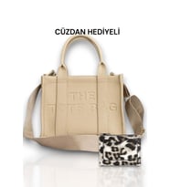 CÜZDAN HEDİYELİ Kadın Krem Tote El Omuz ve Çapraz Askılı çanta - Leopar Desen,Tokalı,Fermuarlı Orta Boy,Büyük Boy Cüzdan (Leopar)