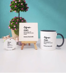 Öğretmen Kupa Bardak Lacivert Dekoratif Taş Baskı Anahtarlık (Model 5)