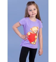 Toontoy Kız Çocuk Kalpli Ayıcık Baskılı Taş İşlemeli Tişört (Lila)