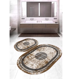 Dijital Baskılı Kaymaz Taban Yıkanabilir Oval 2'li Klozet Takımı Banyo Paspası NOKZ-SD-1081 (Kahverengi)