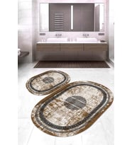 Dijital Baskılı Kaymaz Taban Yıkanabilir Oval 2'li Klozet Takımı Banyo Paspası NOKZ-SD-1081 (Kahverengi)