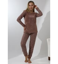 Fawn 5019 Peluş Welsoft Polar Kışlık Yumoş Kadın Pijama Takımı Love (Vizon)