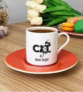 Kişiye Özel Cat Mom Türk Kahvesi Fincanı Kedi Annesi -5- (Turuncu)