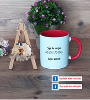 Anneanneye Hediye Kupa Bardak Beyaz ve Fotoğraflı Ahşap Anahtarlık Hediye (Model 2)