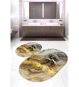 Dijital Baskılı Kaymaz Taban Yıkanabilir Oval 2'li Klozet Takımı Banyo Paspası NOKZ-HY-1040 (Gold)