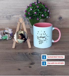Doğum Günü Hediyesi Kupa Bardak Beyaz ve Fotoğraflı Ahşap Anahtarlık Hediye (Model 6)