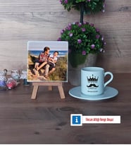 Babalar Günü Hediyesi Fotoğraflı Dekoratif Taş, Ahşap Altlıklı Türk Kahvesi Fincanı Hediye (Model 2)