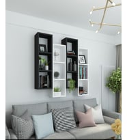 Kitaplık Modern Duvar Rafı Atlantik Çam Beyaz 4 Lü Takım (Siyah - Beyaz)